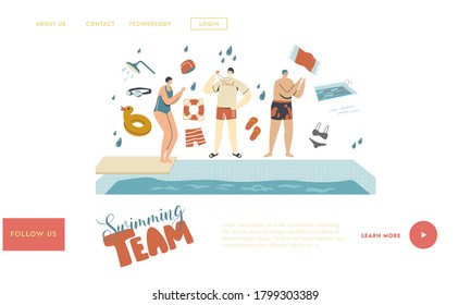 Swimmers Characters in Pool Landing Page Template. Swimming Class Coach Teaching Woman Stand at Poolside Wear Hat and Glasses Prepare to Jump. Learning to Swim Sport. Linear People Vector Illustration