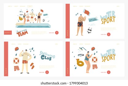 Swimmers Characters in Pool Landing Page Template Set. Swimming Coach Teaching Woman Stand at Poolside Wear Hat and Glasses Prepare to Jump. Learning to Swim Sport. Linear People Vector Illustration