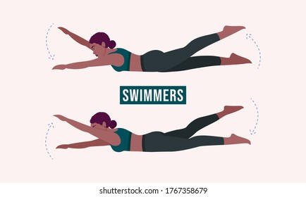 Ejercicio de natación, gimnasia de entrenamiento para mujeres, aeróbic y ejercicios. Ilustración vectorial.