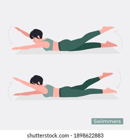 Ejercicio de natación, gimnasia de ejercicios para mujeres, aeróbic y ejercicios. Ilustración vectorial.