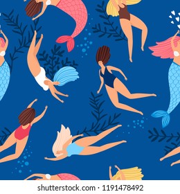 Swimmers girls and mermaids pattern on blue background, vector illustration