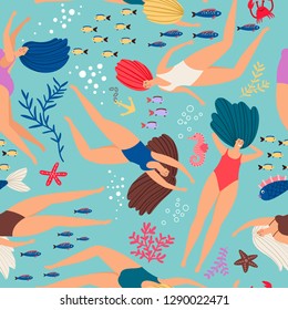 Swimmers girls underwater pattern with color fish. Vector seamless swimmer girl pattern in sea illustration