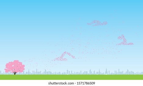 Swimmers made of cherry petals and view of the city(Created with vector data)