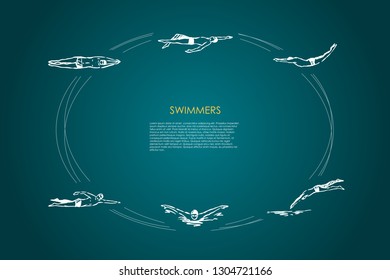 Swimmers - male sportsmen swimming in traditional cap in different poses vector concept set. Hand drawn sketch isolated illustration