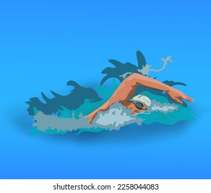 swimmers paddling in the water on a blue background
