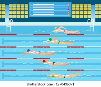 Nadadores en piscina. Carrera de natación masculina en la ilustración vectorial de la piscina deportiva, competición deportiva de natación para hombres