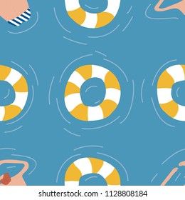 Swimmers in the pool seamless pattern. Summer vector people in swimwear. Healthy lifestyle hawaiian tourists. Top view people in the sea. Beach wet party for boys and girls. Swimmwers in the water. 