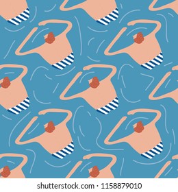 Swimmers in the pool seamless pattern. Summer vector people in swimwear. Healthy lifestyle hawaiian tourists. Top view people in the sea. Beach wet party for boys and girls. Swimmwers in the water. 