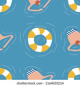 Swimmers in the pool seamless pattern. Summer vector people in swimwear. Healthy lifestyle hawaiian tourists. Top view people in the sea. Beach wet party for boys and girls. Swimmwers in the water. 