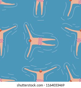 Swimmers in the pool seamless pattern. Summer vector people in swimwear. Healthy lifestyle hawaiian tourists. Top view people in the sea. Beach wet party for boys and girls. Swimmwers in the water. 