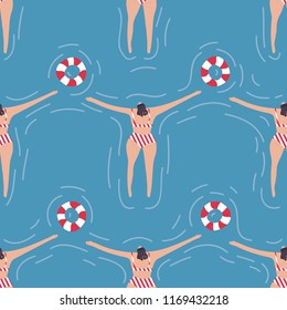 Swimmers in the pool seamless pattern. Summer vector people in swimwear. Healthy lifestyle hawaiian tourists. Top view people in the sea. Beach wet party for boys and girls. Swimmwers in the water. 