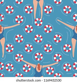 Swimmers in the pool seamless pattern. Summer vector people in swimwear. Healthy lifestyle hawaiian tourists. Top view people in the sea. Beach wet party for boys and girls. Swimmwers in the water. 