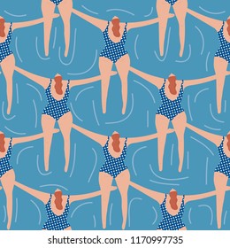 Swimmers in the pool seamless pattern. Summer vector people in swimwear. Healthy lifestyle hawaiian tourists. Top view people in the sea. Beach wet party for boys and girls. Swimmwers in the water. 