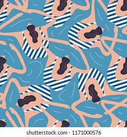 Swimmers in the pool seamless pattern. Summer vector people in swimwear. Healthy lifestyle hawaiian tourists. Top view people in the sea. Beach wet party for boys and girls. Swimmwers in the water. 