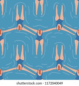 Swimmers in the pool seamless pattern. Summer vector people in swimwear. Healthy lifestyle hawaiian tourists. Top view people in the sea. Beach wet party for boys and girls. Swimmwers in the water. 
