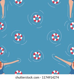 Swimmers in the pool seamless pattern. Summer vector people in swimwear. Healthy lifestyle hawaiian tourists. Top view people in the sea. Beach wet party for boys and girls. Swimmwers in the water. 