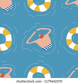 Swimmers in the pool seamless pattern. Summer vector people in swimwear. Healthy lifestyle hawaiian tourists. Top view people in the sea. Beach wet party for boys and girls. Swimmwers in the water. 