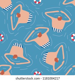 Swimmers in the pool seamless pattern. Summer vector people in swimwear. Healthy lifestyle hawaiian tourists. Top view people in the sea. Beach wet party for boys and girls. Swimmwers in the water. 
