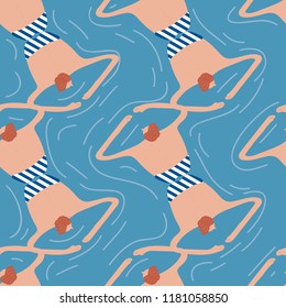 Swimmers in the pool seamless pattern. Summer vector people in swimwear. Healthy lifestyle hawaiian tourists. Top view people in the sea. Beach wet party for boys and girls. Swimmwers in the water. 