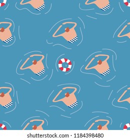 Swimmers in the pool seamless pattern. Summer vector people in swimwear. Healthy lifestyle hawaiian tourists. Top view people in the sea. Beach wet party for boys and girls. Swimmwers in the water. 
