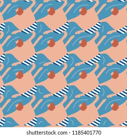 Swimmers in the pool seamless pattern. Summer vector people in swimwear. Healthy lifestyle hawaiian tourists. Top view people in the sea. Beach wet party for boys and girls. Swimmwers in the water. 