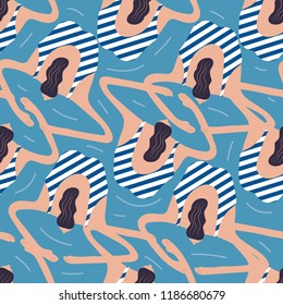 Swimmers in the pool seamless pattern. Summer vector people in swimwear. Healthy lifestyle hawaiian tourists. Top view people in the sea. Beach wet party for boys and girls. Swimmwers in the water. 