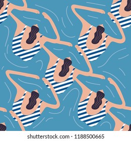 Swimmers in the pool seamless pattern. Summer vector people in swimwear. Healthy lifestyle hawaiian tourists. Top view people in the sea. Beach wet party for boys and girls. Swimmwers in the water. 