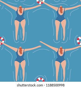 Swimmers in the pool seamless pattern. Summer vector people in swimwear. Healthy lifestyle hawaiian tourists. Top view people in the sea. Beach wet party for boys and girls. Swimmwers in the water. 