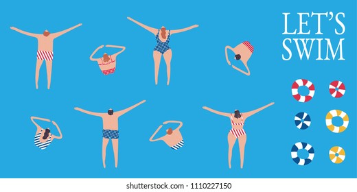 Swimmers in the pool. Summer vector illustration set. Flat men, women in swimwear. Healthy lifestyle hawaiian tourists. Top view people in the sea with rescue ring. Beach party for boys and girls.