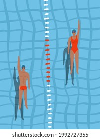 Swimmers in the pool top view. Man and woman swim swim on the back in the swimming pool. Sports competition. View from above. Vector flat design illustration.