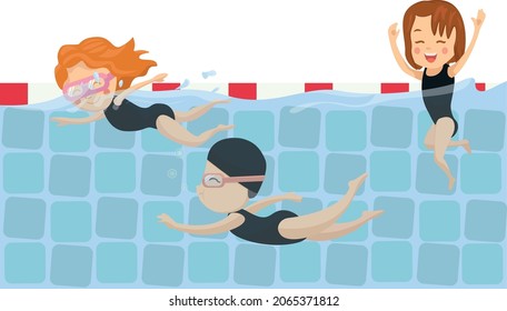 Swimmers racing in the pool. Have fun with friends. Underwater view on the water of the pool. Billboard or branner design. Concept for web pages, schools, special sports classes.