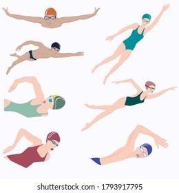 Swimmers - set of seven figures - isolated on white background - vector. Water sport