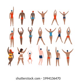 Swimmers set. Various characters swimming people in action poses, sport man swim action. Male and female athletes. Flat vector illustration.