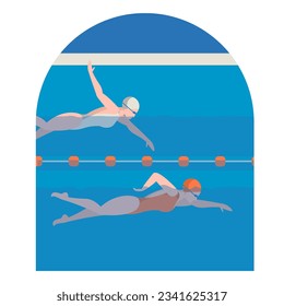 Swimmers swim at speed in pool during competitions. Preparation for competitions on water. Swimming sports concept. Flat vector illustration in cartoon style in blue and orange colors
