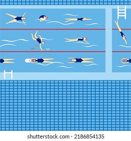 Swimmers in swimming pool. Sport professional swimming pool with lanes. people swim in public swimming pool vector illustration set. Seamless pattern.