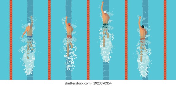 Vista superior de los bañistas. los hombres se arrastran por la piscina. Competencia deportiva. Vista desde arriba. Ilustración de diseño plana vectorial.