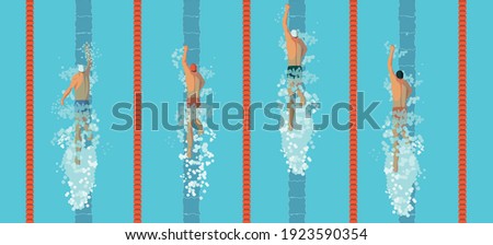 Swimmers top view. men crawl in the swimming pool. Sports competition. View from above. Vector flat design illustration.