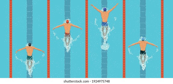 Schwimmer Draufsicht. Männer schwimmen Schmetterlingsschwimmer im Schwimmbecken. Sportwettbewerb. Von oben anzeigen. Vektorflache Design-Illustration.