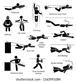 Swimmers using swimming gears, tools, and equipment for training in stick figure pictogram icons. Set of graphic illustrations depict training gears, products, and equipment for swimming activities. 