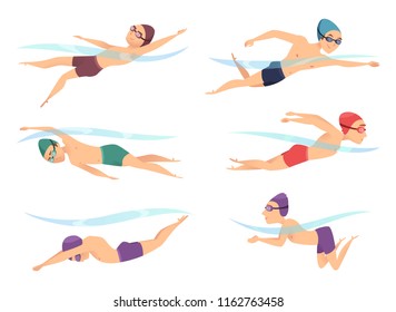 Swimmers at various poses. Cartoon sport characters in poll action poses crawl, breaststroke and butterfly, vector illustration