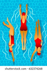 Swimmers women in the pool. Effect of caustic water. Illustration in art deco style.