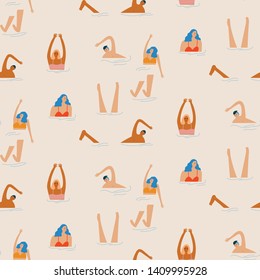 Swimmimg people seamless pattern on light background. Flat vector illustration.
