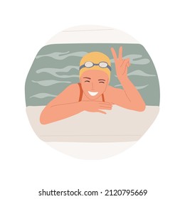 Swimming abstract concept vector illustration. Beautiful teenage girl in goggles resting at border of swimming pool, active lifestyle, indoor sport, physical activity abstract metaphor.