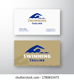 Swimming Abstract Modern Abstract Vector Logo and Business Card Template. Sportsman Swimmer Person in a Water with Typography. Premium Stationary Realistic Mock Up. Isolated.