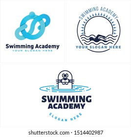 Swimming academy logo with people sun wave water and sea lion blue vector suitable for sport swimmer academy school kids