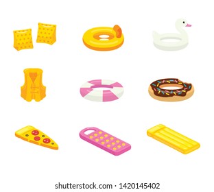 Swimming accessories vector illustrations set. Inflatable children accessory for pool cliparts pack. Colorful rings in various shapes, rubber air mattress in form of pizza slice, swim vest, arm floats