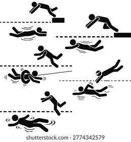 Swimming Activity Icons with Diving, Floating and Water Rescue Actions