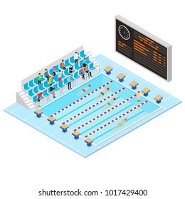 Swimming Activity Sport Competition Concept 3d Isometric View Swimmers in Blue Water Pool. Vector illustration of Swim Race