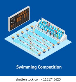 Concurso deportivo de actividades de natación Tarjeta 3 d Vista isométrica nadadores en piscina de agua azul. Ilustración vectorial de Swim Race