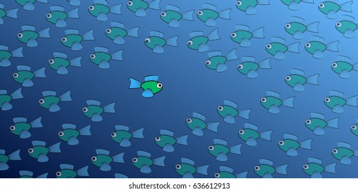 Swimming against the tide - one brave, daring fish swims in the opposite direction to the school of fish - symbol for courage, individuality, diversity or being an outsider.